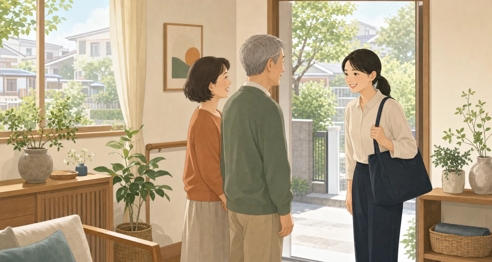 ご自宅へ訪問する様子を描いたイラスト